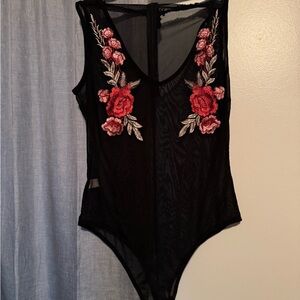Black Sheer Bodysuit with Red Floral Embroidery